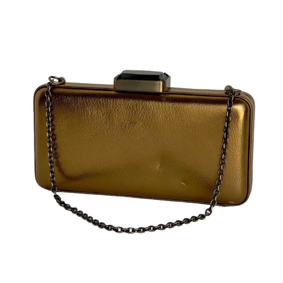 NWT Rare J. Crew Metallic Leather Frame Clutch Retractable Chain Handle - Picture 3 of 13